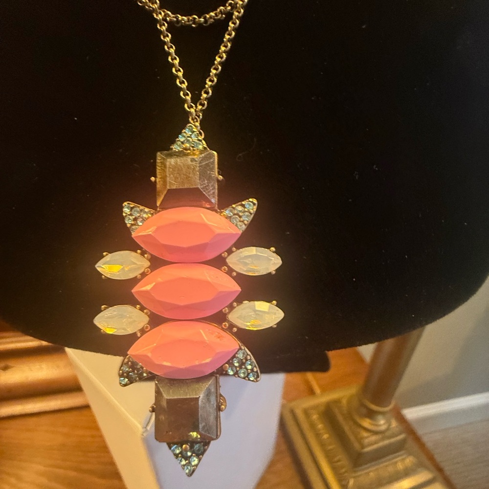 Vintage J. Crew Gold Chain w/ Pink Green Art Deco Pendant Necklace 34” - Picture 3 of 11